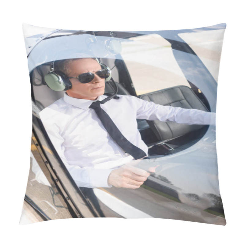 Personality  Mature Pilot In Formal Wear And Headset Sitting In Helicopter Cabin Pillow Covers