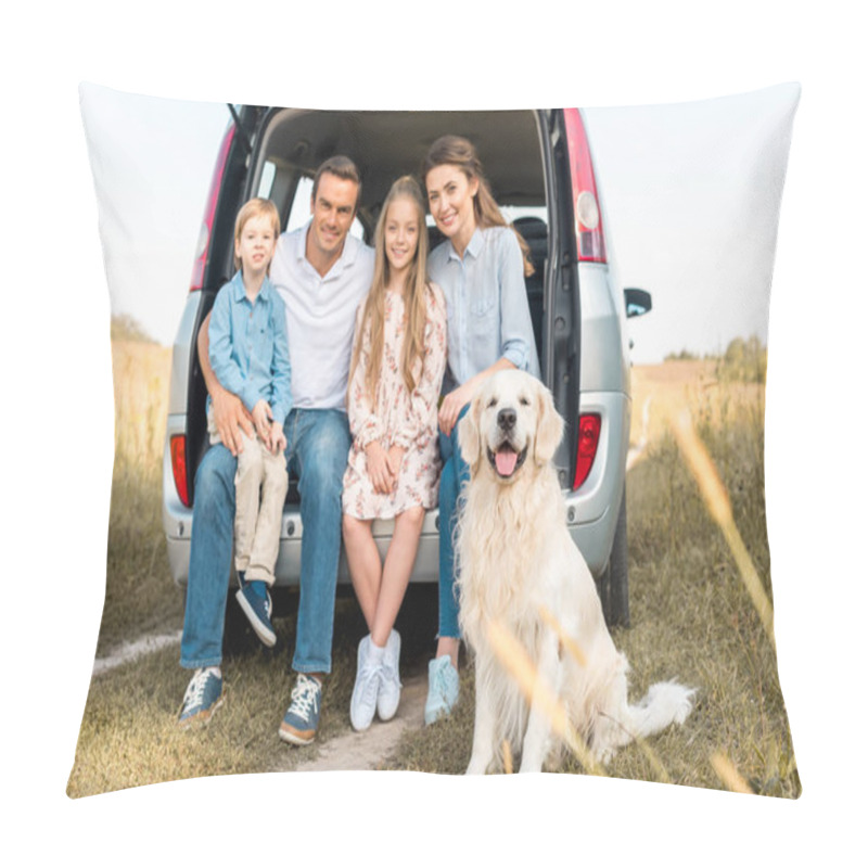 Personality  Happy Young Family With Retriever Dog Sitting In Car Trunk And Looking At Camera In Field Pillow Covers