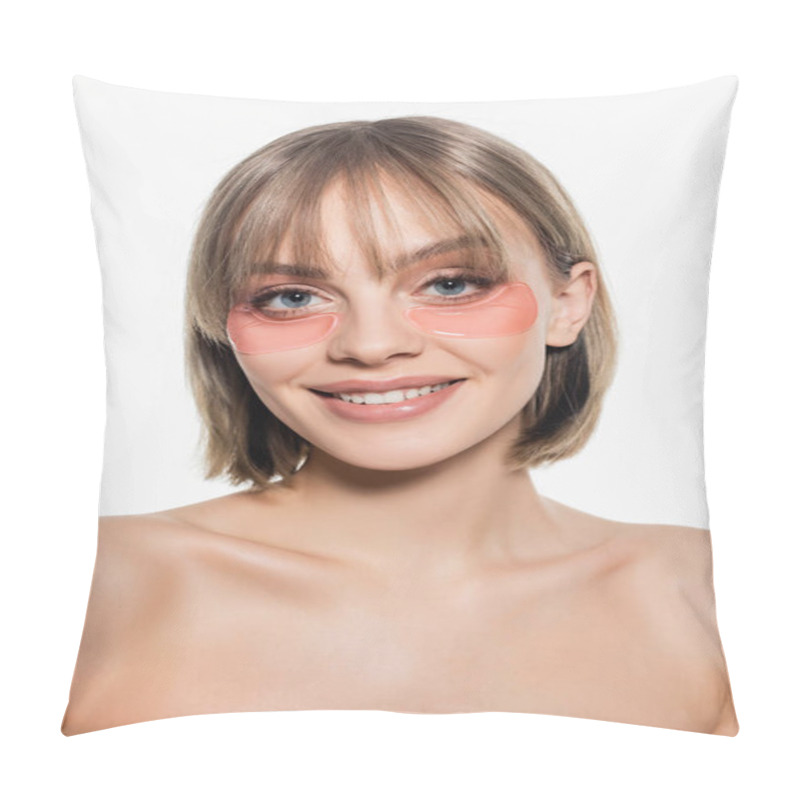 Personality  Cheerful Young Woman With Hydrogel Eye Patches Isolated On White Pillow Covers