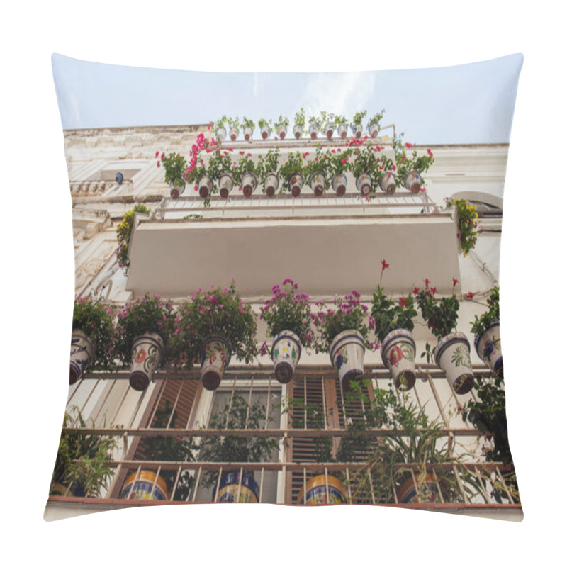 Personality  Bottom View Of Blooming Flowers On Balcony Of House In Catalonia, Spain Pillow Covers