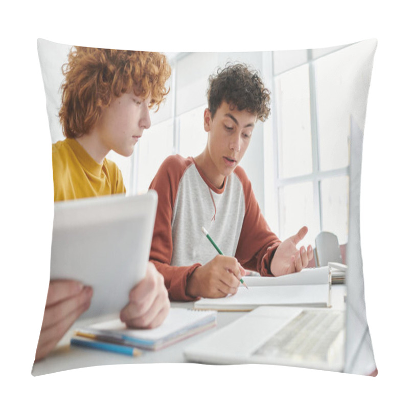 Personality  Teenage Schoolboy Writing On Notebook Near Redhead Friend With Digital Tablet In Classroom Pillow Covers