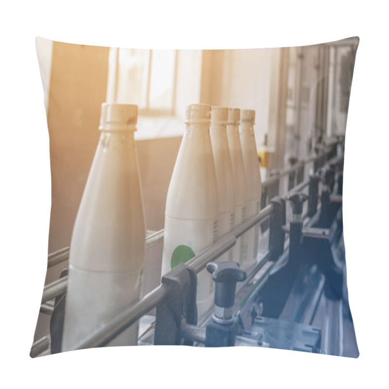 Personality  White Plastic Bottles With Dairy Product On The Production Line. Pillow Covers