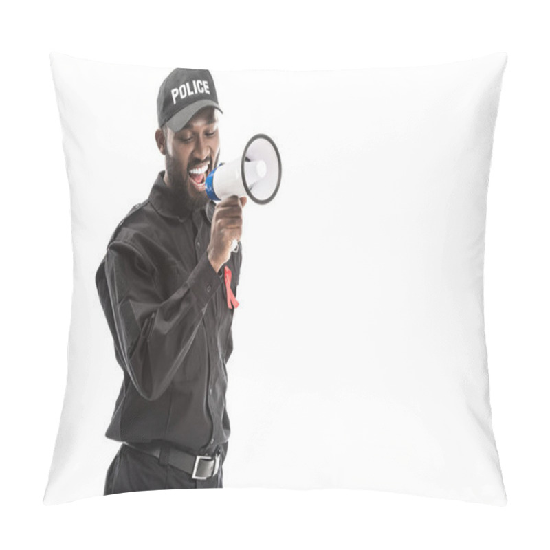 Personality  Smiling African American Police Officer With Aids Awareness Red Ribbon Shouting With Megaphone Isolated On White Pillow Covers