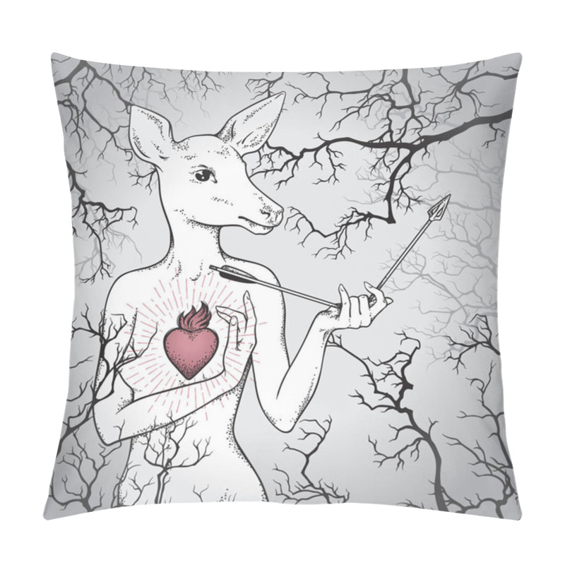 Personality  Hand Drawn Deer With Human Body And Burning Heart Holding Broken Arrow In The Misty Forest. Line Art And Dot Art Print Design Vector Illustration Pillow Covers