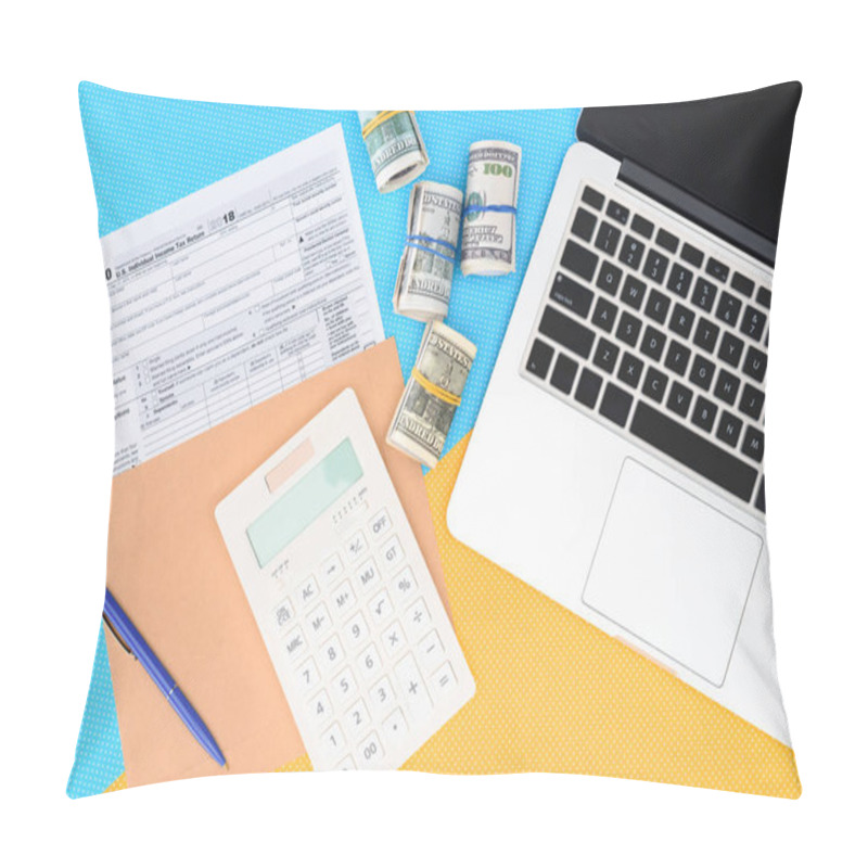 Personality  Top View Of Tax Form, Money Rolls And Laptop On Blue And Yellow Background Pillow Covers