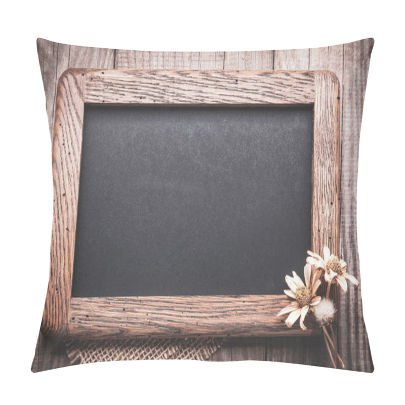 Personality  Blackboard Empty Decorated With Dried Flowers On The Old Wooden  Pillow Covers