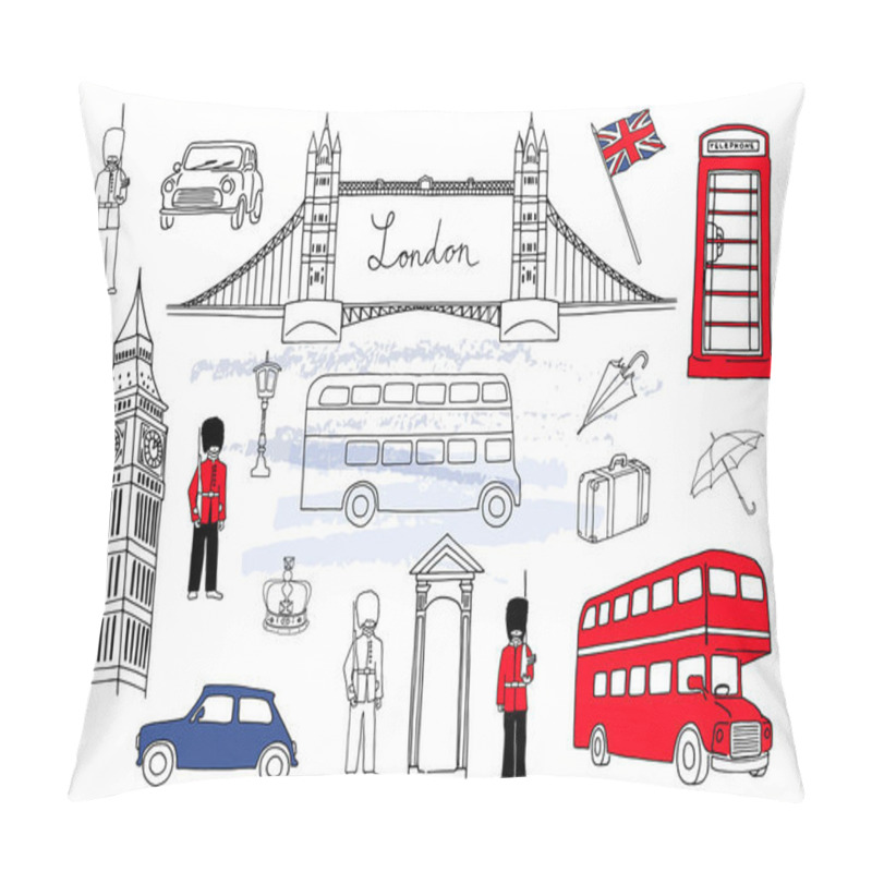 Personality  Vector Illustration. London Landmarks. London City Elements Collection. Hand Drawn Set With Bridge, Big Ben, Red Bus, Cars, Royal Guards, Cab, Streetlight, Suitcase And Umbrella. UK Flag. Pillow Covers