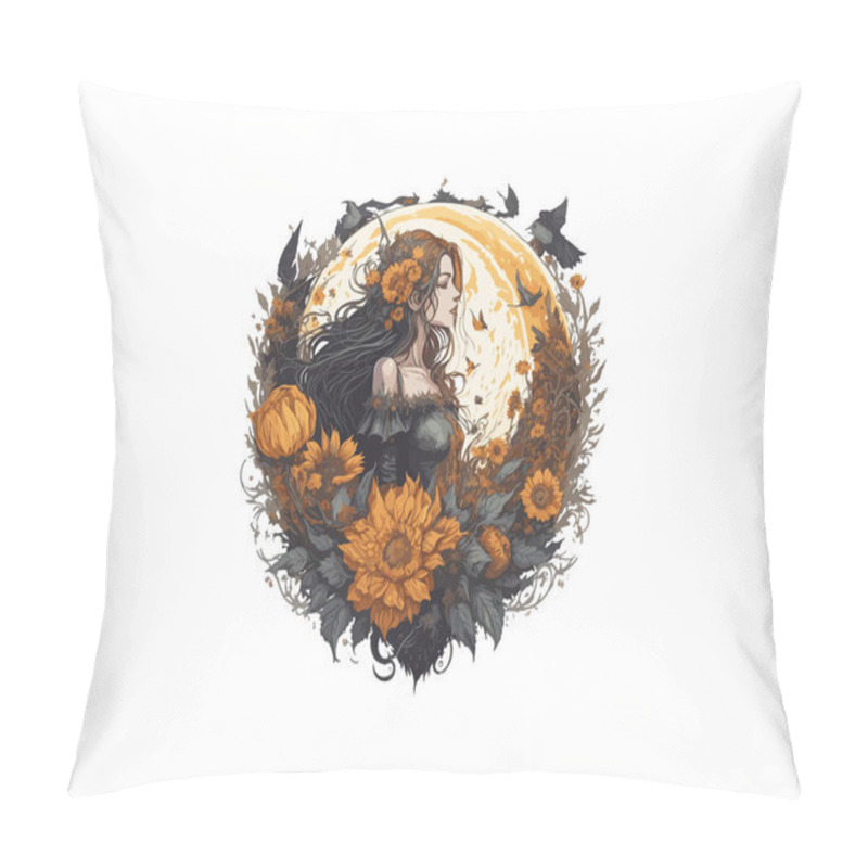 Personality  Watercolor Witch In Dark Forest Surrounded By Trees And Flowers, Vector Illustration Clipart Pillow Covers