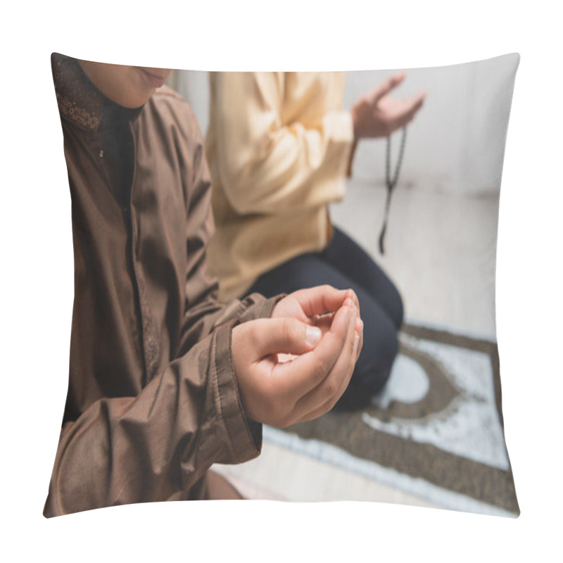 Personality  Cropped View Of Muslim Boy Praying During Salah Near Blurred Dad At Home  Pillow Covers