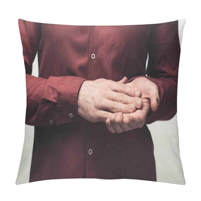 Personality  Partial View Of Man Clapping Hands Isolated On Grey, Human Emotion And Expression Concept Pillow Covers