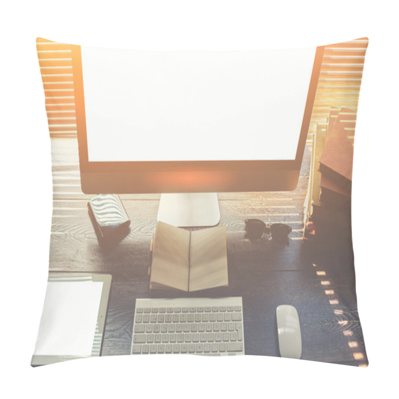 Personality  Mock Up Of Home Desktop With Pc Computer And Touch Pad With Blank Copy Space Screen For Your Promotional Content Pillow Covers