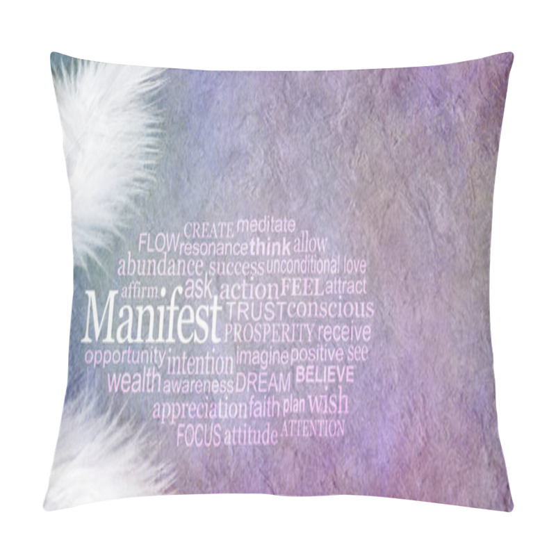 Personality  Angelic Manifest Abundance Word Cloud - Two White Feathers And A MANIFEST Word Cloud Against A Rustic Purple Subtle Colored Stone Effect  Background With Copy Space Pillow Covers