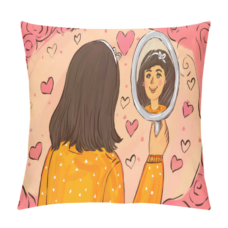 Personality  The Drawn Beautiful Girl Or Woman With A Mirror In Her Hands Loves Herself. Self-esteem And Self-love Pillow Covers