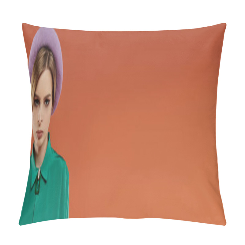 Personality  A Young Woman In A Stylish Green Shirt And Purple Beret Stands Against A Terracotta Background. Pillow Covers