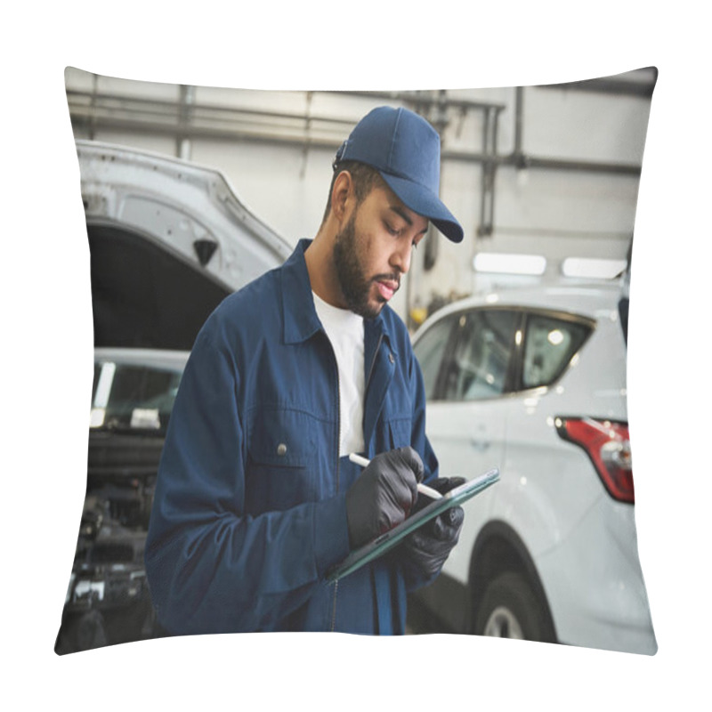 Personality  Young Mechanic Checks Vehicle Diagnostics With Focus In A Bustling Repair Shop Environment. Pillow Covers