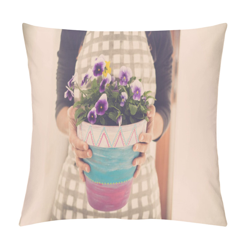 Personality  Woman Hands Taking A Vas Of Violet Flowers At Home. Clothes For Home Work. Pastel Tones And Backlight For A Bright Scene Pillow Covers