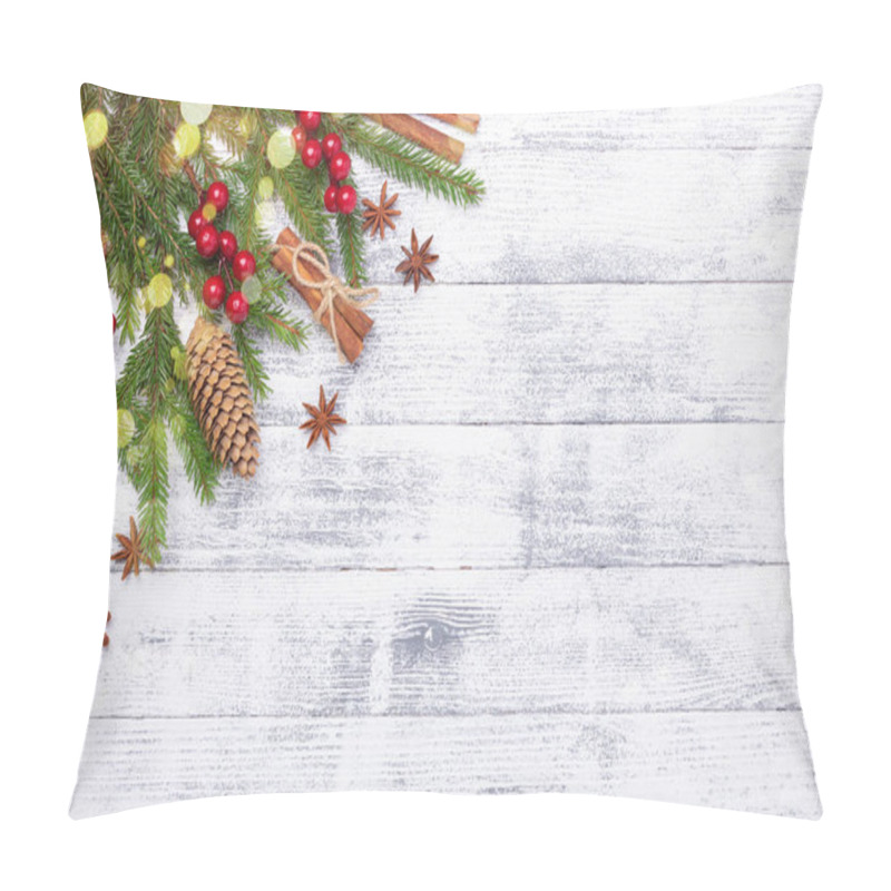 Personality  Christmas Background With Fir Tree, Holly And Decoration On Woodeen Table. Light Bokeh. Pillow Covers