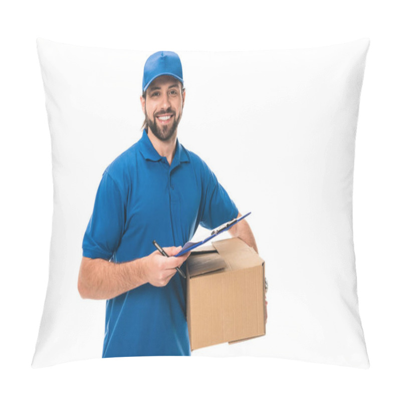 Personality  Happy Young Delivery Man Holding Clipboard And Cardboard Box Isolated On White Pillow Covers