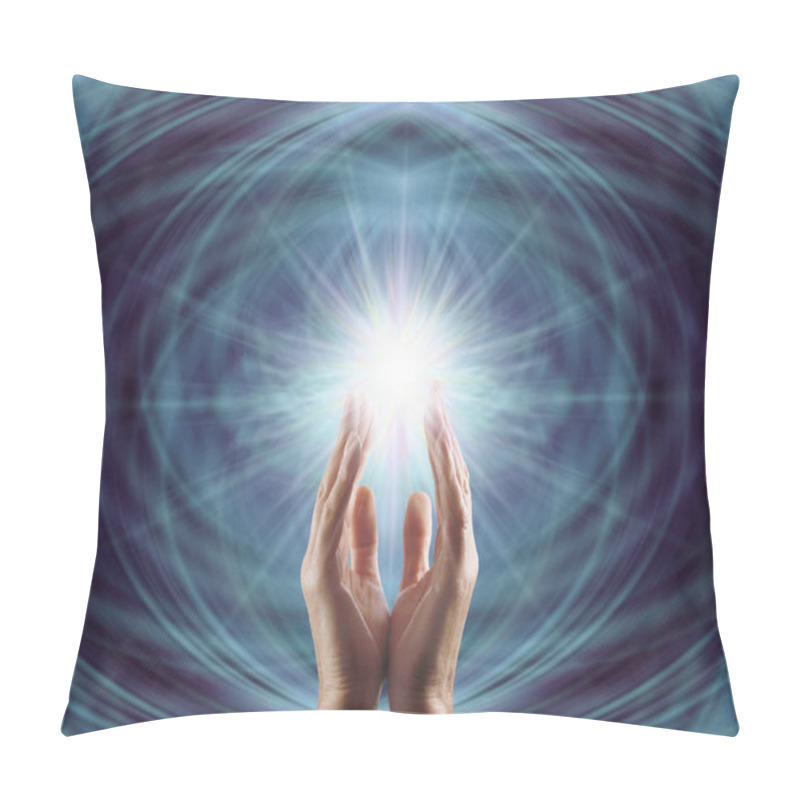 Personality  Reiki Master Working With Starlight Healing Energy - Male Cupped Hands Reaching Up Into Bright White Light Starburst  Against A Dark Blue Symmetrical Ethereal Background And Copy Space Pillow Covers