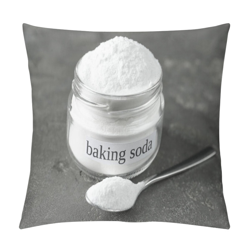 Personality  Jar And Spoon With Baking Soda On Grey Table, Closeup Pillow Covers