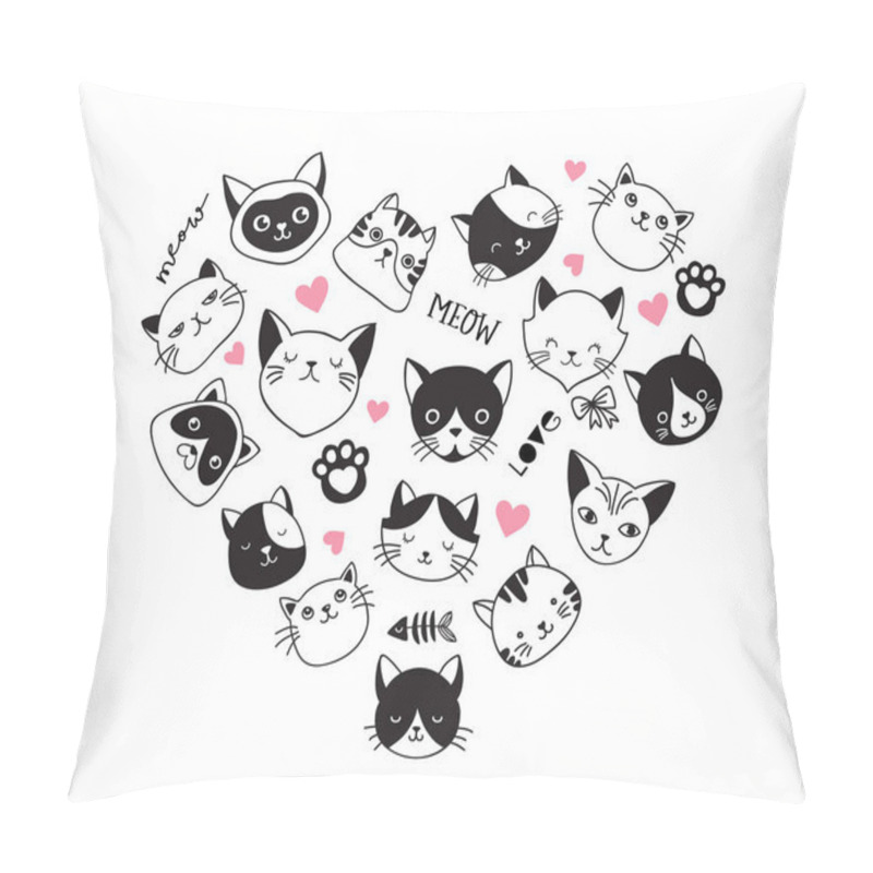 Personality  Cats Love, Collection Of Vector Icons, Hand Drawn Illustrations With Heart Pillow Covers