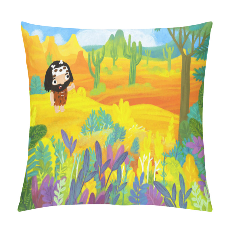 Personality  Cartoon Scene Witn Caveman In The Jungle Stone Age Happy Illustration For Kids Pillow Covers