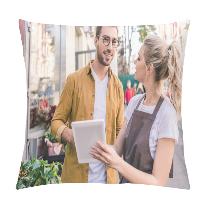 Personality  Florist And Smiling Customer Using Tablet At Flower Shop Pillow Covers