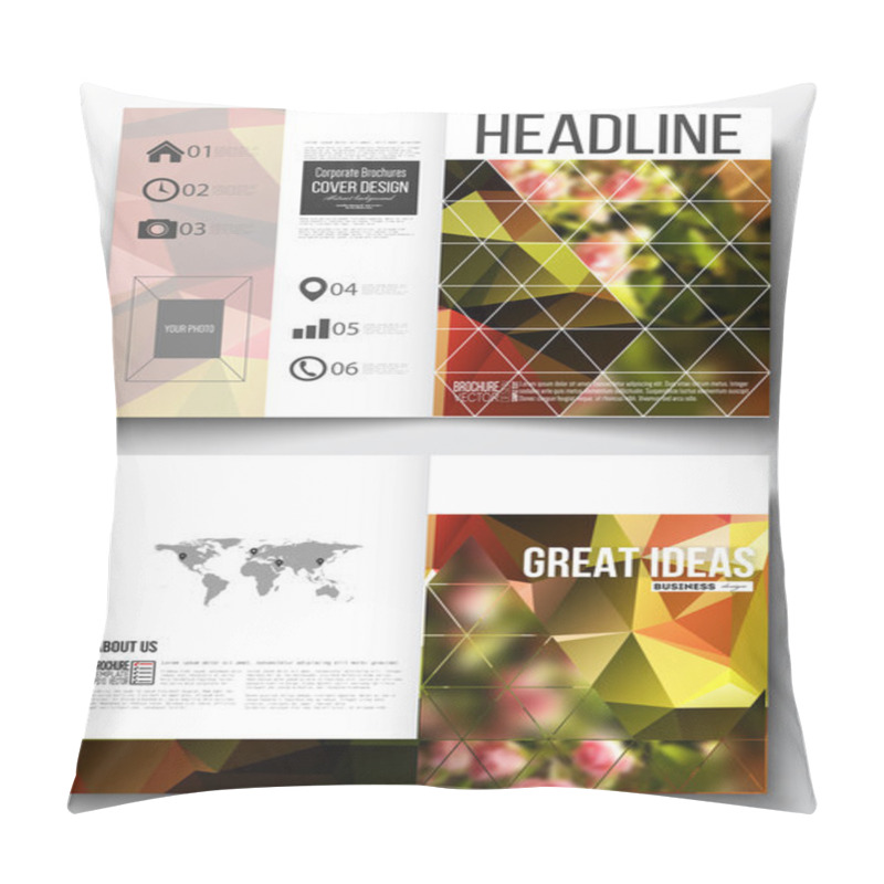 Personality  Set Of Business Templates For Brochure, Magazine, Flyer, Booklet Or Annual Report. Colorful Polygonal Floral Background, Blurred Image, Pink Flowers On Green, Modern Triangular Texture Pillow Covers