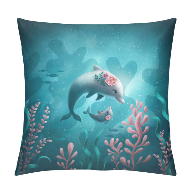 Personality  Illustration Of Mother And Baby Dolphin Pillow Covers