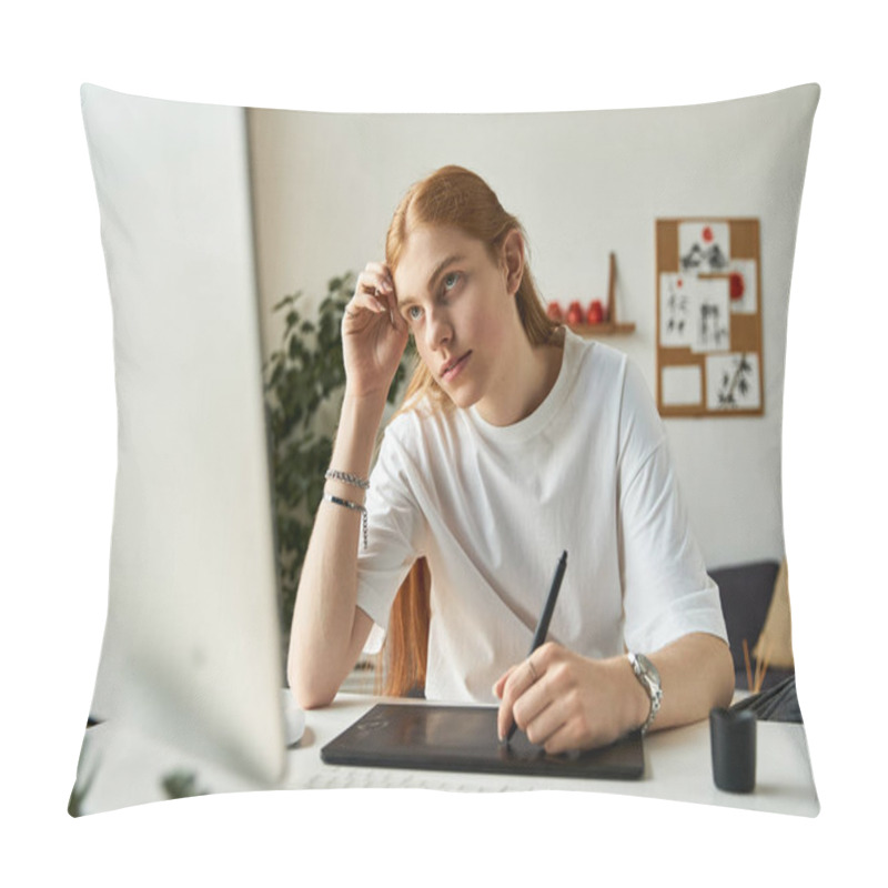 Personality  A Young Man Thoughtfully Illustrates On A Tablet In A Bright, Contemporary Office Setting. Pillow Covers