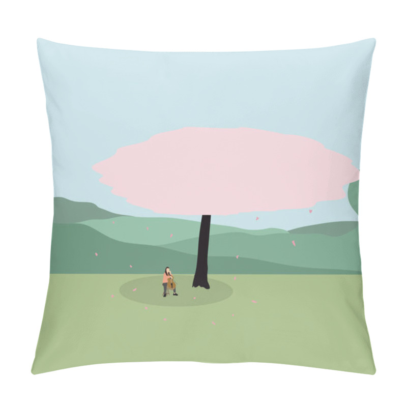 Personality  Woman Playing Cello Under Pink Tree In A Spring Sunny Park. Outdoor Leisure Classical Music. Creativity With Instruments And Acoustic Players Pillow Covers