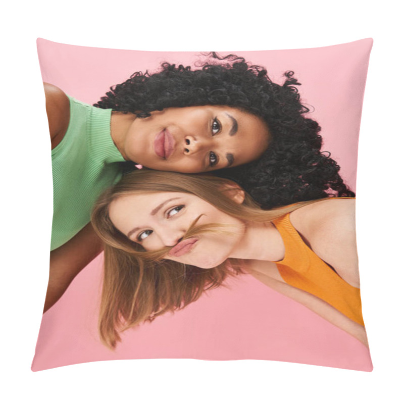 Personality  Two Stylish Women Striking A Pose In Front Of A Pink Background. Pillow Covers