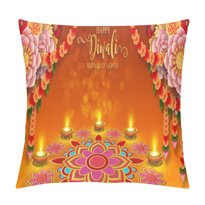 Personality  Happy Diwali Festival Card With Gold Diya Patterned And Crystals On Paper Color Background. Pillow Covers