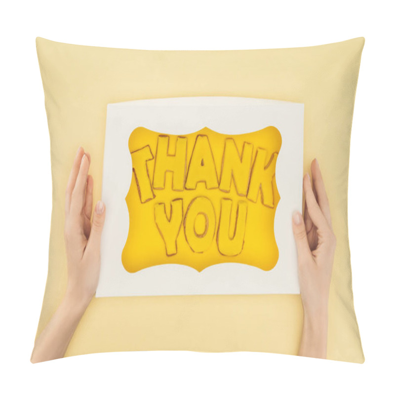 Personality  Cropped Person Holding Square-shaped Cake In Box With Thank You Lettering Isolated On Yellow Background Pillow Covers