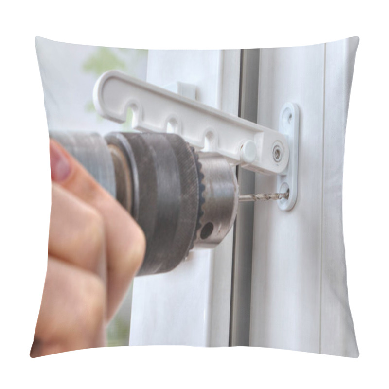 Personality  Close-up Of Drill That Drills A Hole In PVC Window. Pillow Covers