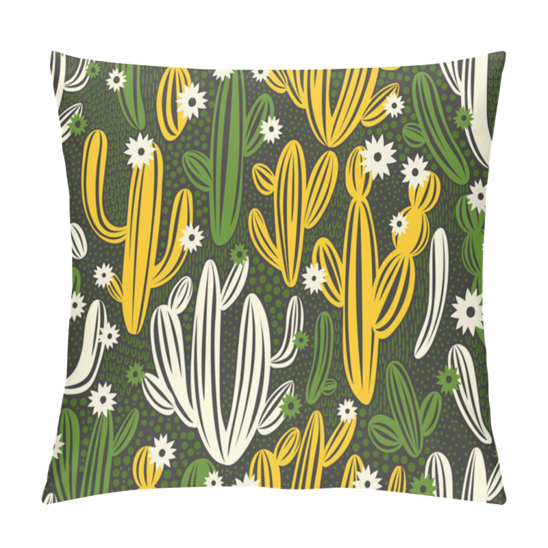 Personality  Vector Seamless Pattern With Cactus On Black Background. Summer Plants, Flowers And Leaves. Natural Floral Bright Design. Botanical Illustration. Pillow Covers