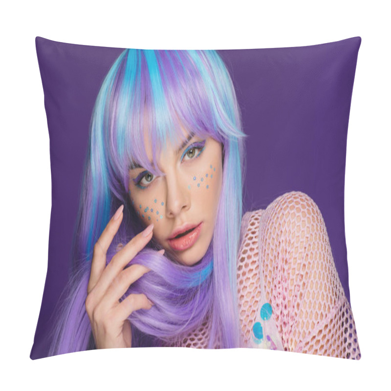 Personality  Fashionable Girl Posing In Violet Wig With Stars On Face, Isolated On Purple Pillow Covers