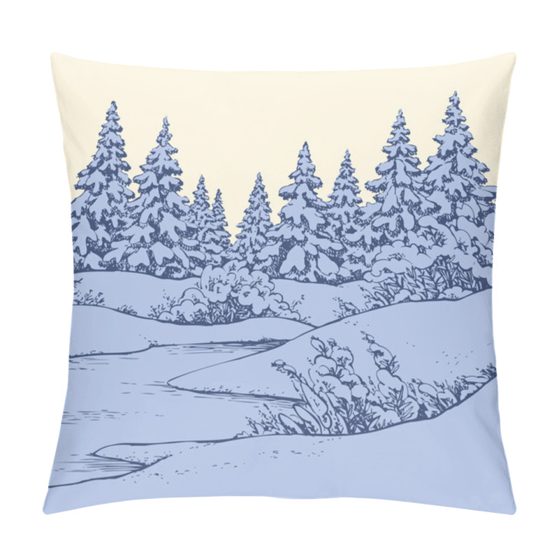 Personality   Vector Sketch. Winter Forest Landscape With Frozen River  Pillow Covers