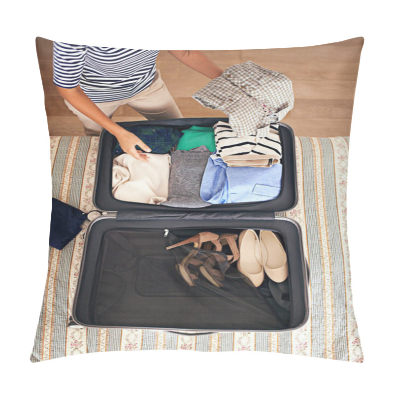 Personality  Time To Hit The Road. High Angle Shot Of A Woman Packing A Suitcase On A Bed. Pillow Covers