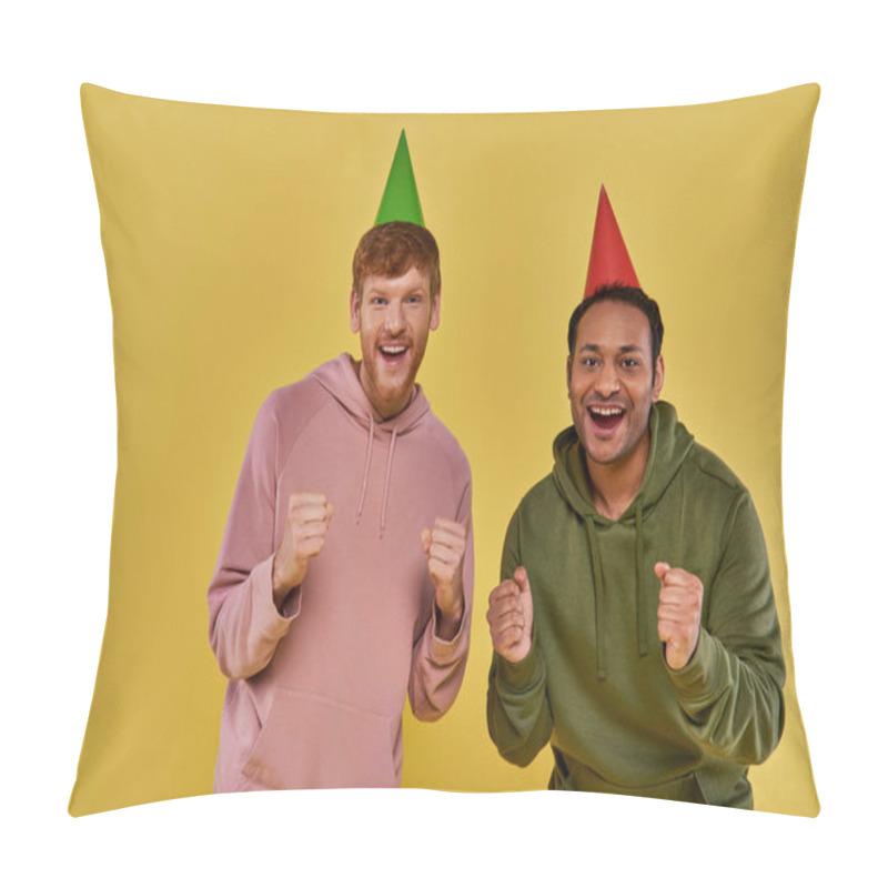 Personality  Close Up Two Multiracial Friends In Casual Outfits And Birthday Hats With Fists Up Raised, Birthday Pillow Covers