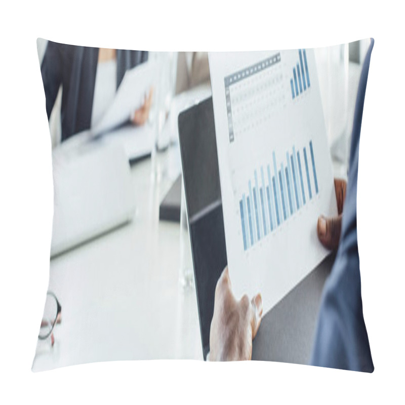 Personality  Panoramic Shot Of African American Businessman Holding Document With Graphs In Office  Pillow Covers