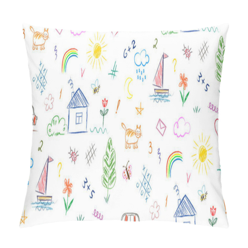 Personality  Seamless Pattern Of A Set Of Doodle Items Drawn By A Child. House, Sun, Rainbow, Plants, Car, Sailboat, Numbers. Simple Drawings Made With Colored Pencils And Crayons. Pillow Covers