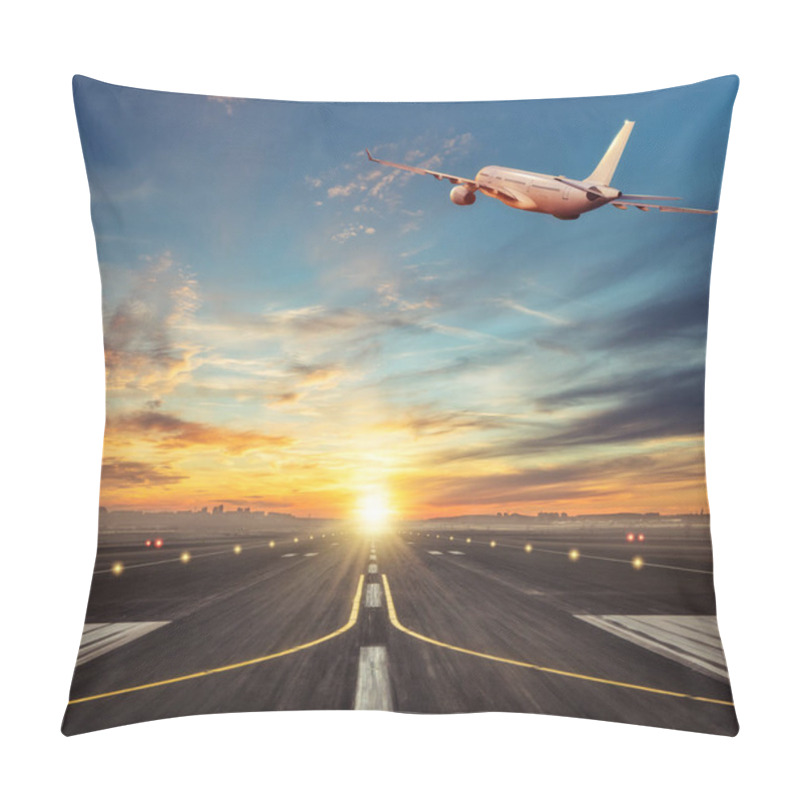 Personality  Commercial Airplane Flying Above Runway In Sunset Light. Pillow Covers