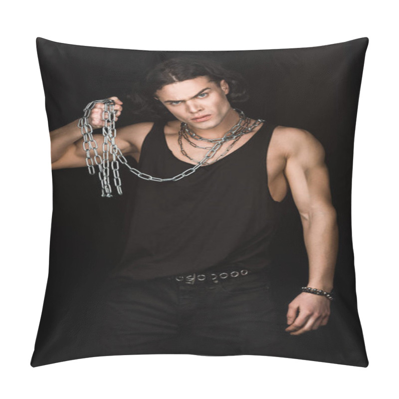 Personality  Angry Man Looking At Camera And Holding Chains Isolated On Black  Pillow Covers