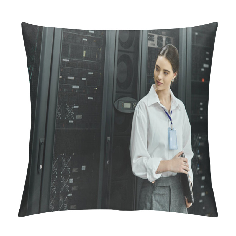 Personality  A Professional Woman In A White Shirt Monitors Server Systems In A Modern Tech Facility. Pillow Covers