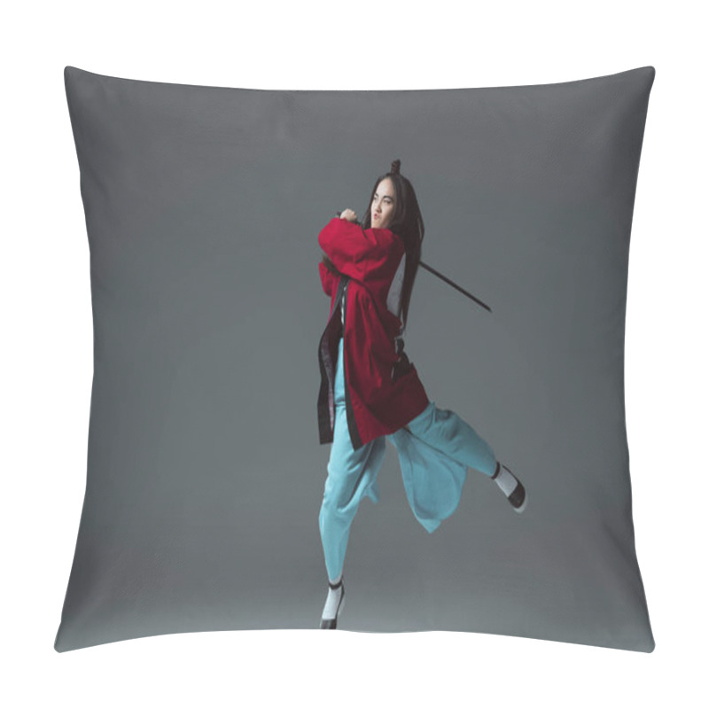 Personality  Asian Woman In Kimono Fighting With Katana In Jump On Grey  Pillow Covers