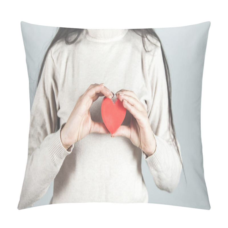 Personality  Woman Hand Holding Red Hearton Gray Backgroun Pillow Covers