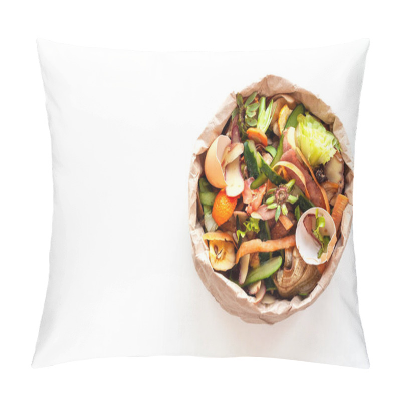 Personality  Organic Food Waste In Paper Bag On White Kitchen Table. Vegetable Peelings And Food Leftovers Ready To Compost. Environmentally Responsible Behavior, Ecological, Recycling Waste Concept. Copy Space. Pillow Covers