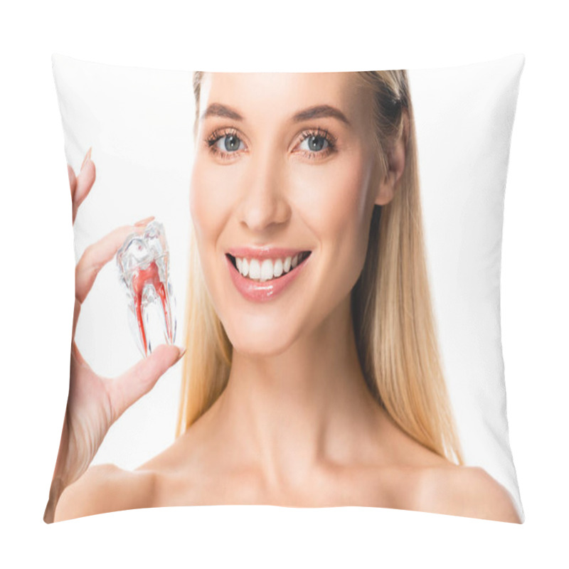 Personality  Naked Smiling Woman With White Teeth Holding Tooth Model Isolated On White Pillow Covers