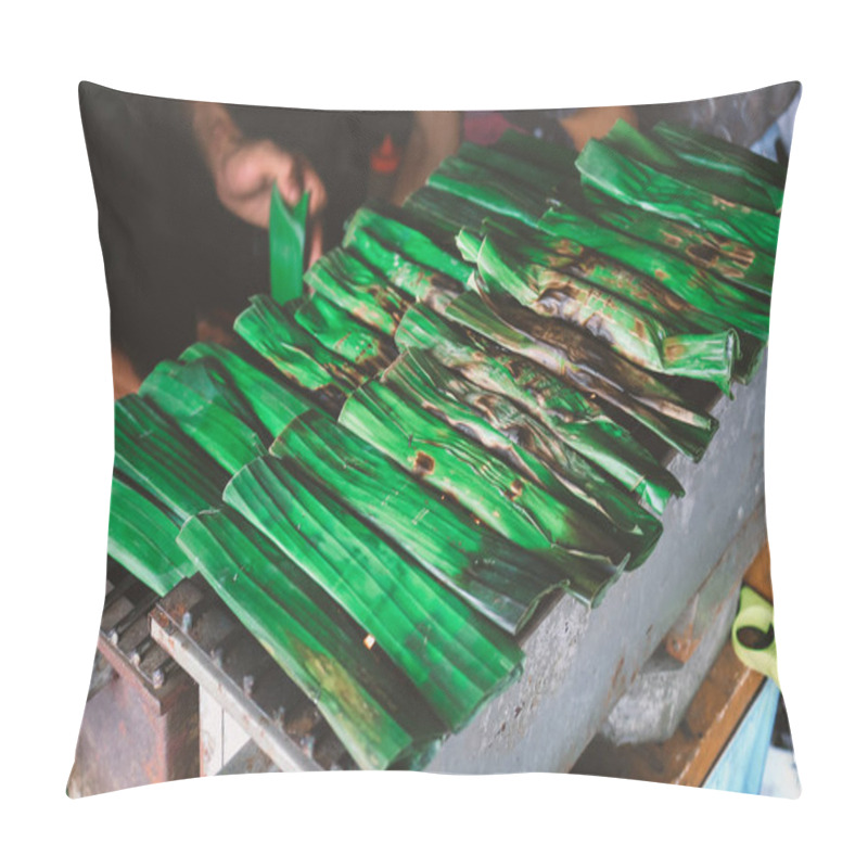 Personality  Cooking Or Grilling Of Traditional Local Food Otak Otak In Indonesia. Made From Grilled Fish Cake Parcels From Betawi, Jakarta. Pillow Covers